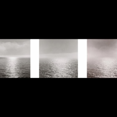 Three black-and-white photographs of open water and sky meeting at a bright, glittering horizon line, the sun’s reflection widening panel to panel as clouds thin overhead.