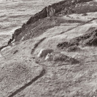 Black-and-white photograph looking down a grassy, wind-flattened cliff edge to a rocky shoreline, kelp-strewn water below and a worn footpath crossing the slope.