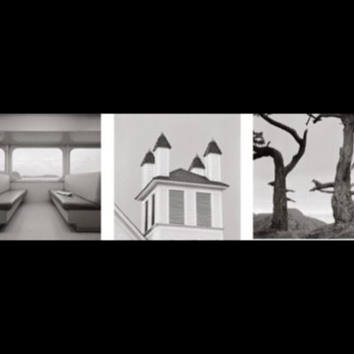 Three black-and-white photographs: an empty ferry cabin with facing bench seats and window views of water, a white cupola with four small spires atop a building, and a windswept pine’s bare, twisted branches.