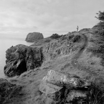 Three black-and-white photographs: a person resting against a ferry window overlooking distant hills, a narrow forest path opening onto light, and a bicycle frame lying abandoned in tall grass.