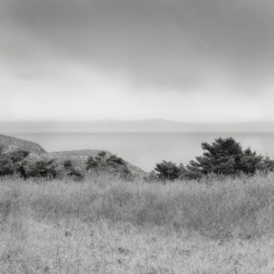Black-and-white photograph of a calm inlet between two rocky points, driftwood floating on the water and sunlight sparkling in a scattered path across the surface.