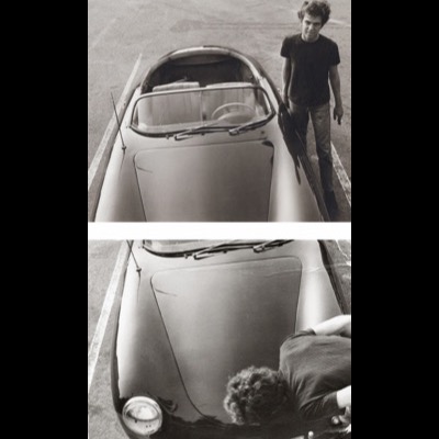 Two black-and-white archival photographs, credited "Andrew de Lory ©": a young man standing beside a vintage sports car in a parking lot, and the same car’s hood with a young man lying across it, Massachusetts plate H27-539 visible.
