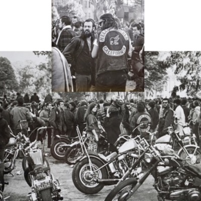 Black-and-white photograph, a composite of three images, of a large outdoor gathering of Hells Angels members and their motorcycles in a park, with a close-up inset of two members in "Hells Angels California" jackets talking.