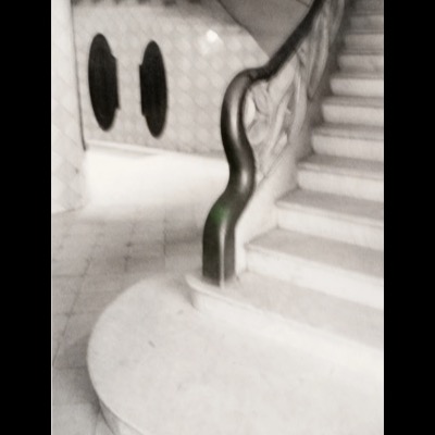 Black-and-white photograph of an ornate marble stairway interior, a curved wrought-iron banister rising beside patterned tile wainscoting with two dark oval niches.