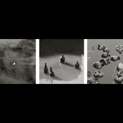 Three black-and-white photographs of small glass bottles standing upright and half-submerged in shallow, reflective mineral water, some pictured close and some as a cluster of half-buried bottle necks.