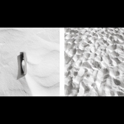 Two black-and-white photographs: a comb lying on a rippled sand dune, and a close-up of wind-rippled sand dune patterns.