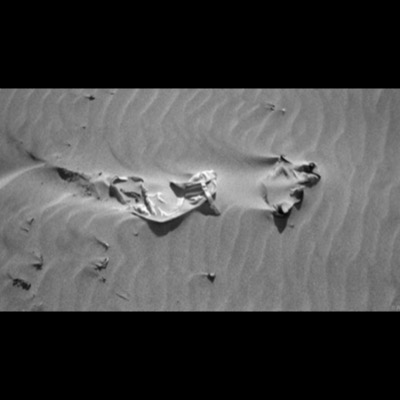 Black-and-white photograph, closely cropped, of a women’s bikini top and bottom half-buried and windswept across a rippled sand dune.