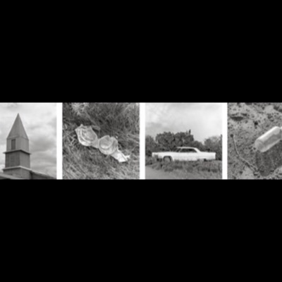 Four black-and-white photographs: a weathered corrugated-metal shed door, a bra caught in dry grass, a vintage Rambler wagon parked before trees, and a bottle-shaped stone half-buried in gravel.