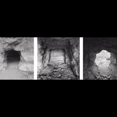 Three black-and-white photographs looking into shallow sandstone cave openings, the last framing a bright desert view through the dark cave mouth.