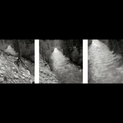Three black-and-white photographs of a rushing river seen from a bluff between forested banks, tracing the same rapids and current from slightly different framings.
