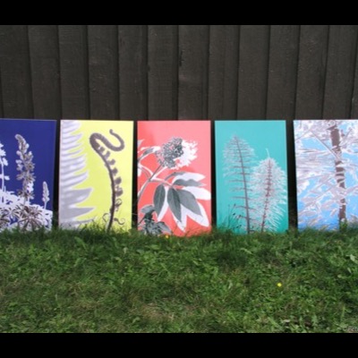 Photograph of all five "Flora" enamel way-finding panels standing in grass against a dark wood fence: lupine on blue, a fern frond on yellow, elderberry on coral, young conifers on teal, and reflected foliage on light blue.