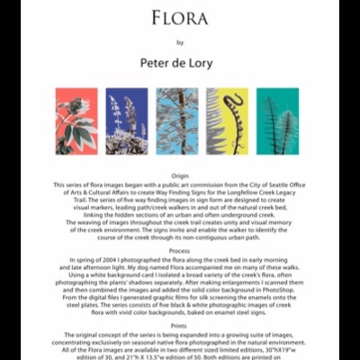 Title page for the "Flora" series by Peter de Lory, with the five enamel panel images in a row above text describing the Longfellow Creek Legacy Trail commission, process, and available print editions.