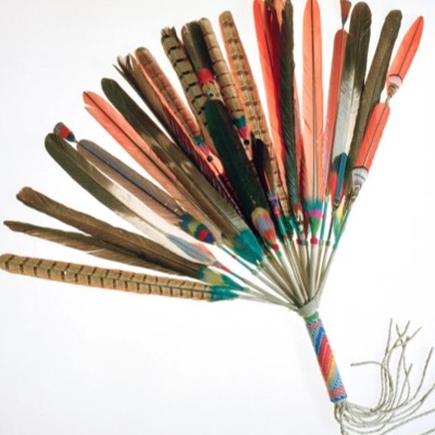 Color close-up photograph of a large fan of mixed pheasant and hawk feathers bound with a beaded handle and trailing buckskin fringe, laid against a white background.