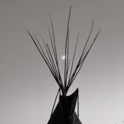 Black-and-white photograph, seen through gaps in an overhead lattice of branches, of a row of people wrapped in cloth standing beneath a brush-roofed ceremonial arbor.