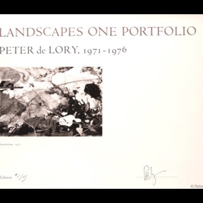 Title page of "Landscapes One Portfolio, Peter de Lory, 1971–1976," with a small black-and-white photograph of frost-flecked lichen and rock, the artist’s signature, and "Edition 1/15" below.