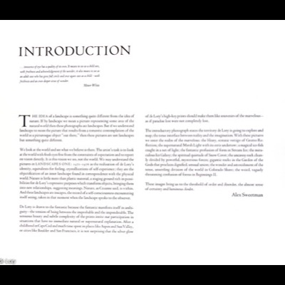 Scan of the portfolio’s Introduction page, a two-column essay by Alex Sweetman with an epigraph from Minor White on innocence of eye, discussing de Lory’s early landscape photographs as "inscapes."