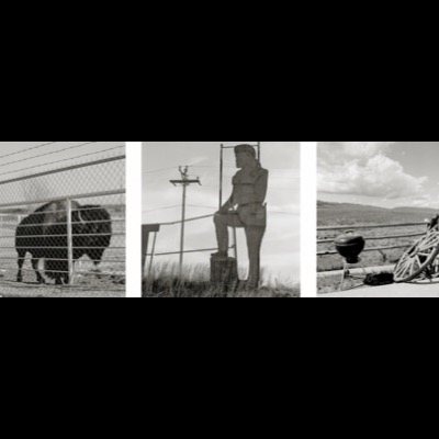Three black-and-white photographs of ancient stonework: a triangular gap broken through a stacked-stone wall revealing sky, potsherds arranged on a flat rock, and a small hand-built rock cairn.