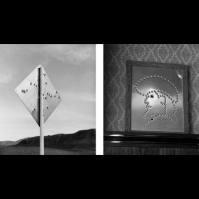 Peter de Lory — a black-and-white diptych: a bullet-riddled diamond road sign against desert hills, and a framed, bullet-pierced mirror hung on patterned wallpaper (plate 25 of 54)