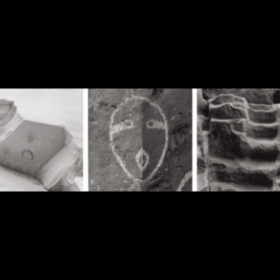 Three black-and-white photographs: a wire-mesh sculpture of a globe rising above trees, the engine compartment of an old pickup truck, and an aerial view of eroded badland ridges and canyons.