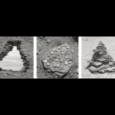 Three black-and-white photographs: overlapping boot prints in fine sand, a utility pole densely rigged with high-voltage crossarms, and the rusted, bullet-pocked rear quarter-panel of an abandoned car in open desert.