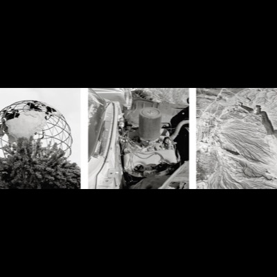 Peter de Lory, "Spirit of Place", 1992 -- a black-and-white triptych: star trails circling above silhouetted pines, a looping trail across cracked playa mud left by a sliding rock, and a stone cliff-dwelling ruin (plate 33 of 54)