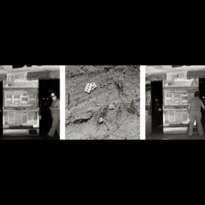 Three black-and-white photographs: jagged rock spires seen through a narrow slot canyon, the full moon rising between towering boulders, and a densely tangled tumbleweed lit against rippled sand dunes.