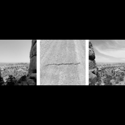Three black-and-white photographs: a narrow slot canyon between towering sandstone walls with a lone figure at its base, two ravens gliding over a pale sandstone dome, and a bare, dead tree silhouetted beside the crescent moon at dusk.