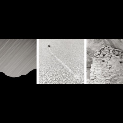 Three black-and-white photographs: star trails circling above a dark mountain silhouette, an isolated boulder on the Racetrack Playa with the long track it left sliding across the cracked lakebed, and a rock alignment against a canyon wall.