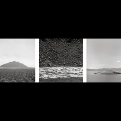 Two black-and-white photographs: lightning striking a mountain ridge above distant town lights at night, and a heavy rain shaft falling over a lake beside dark mountains.