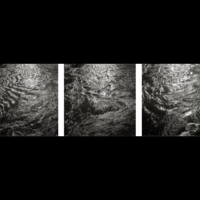 Three black-and-white photographs, abstract close-ups looking straight down at sunlit, rippling river water, its current forming swirling patterns of light and shadow.