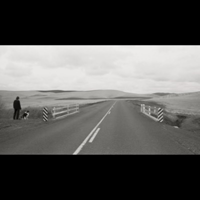 Black-and-white panoramic photograph of a person and a dog standing at the near end of a rural bridge over open Palouse wheat-country hills, a straight two-lane road receding to the horizon.