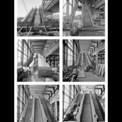 Four black-and-white photographs documenting the fabrication of a large abstract bronze or steel sculpture -- balled and coiled forms bound with cable, its pieces being assembled and lifted with a crane at an outdoor site and inside a metal fabrication shop.
