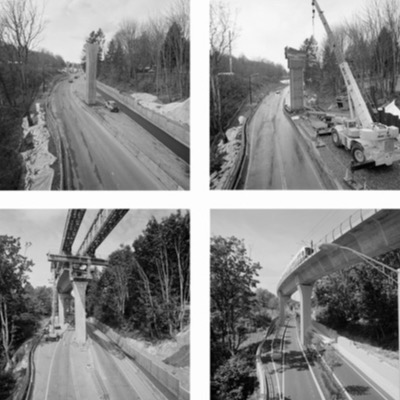 Four black-and-white photographs of an elevated guideway’s construction progression through the same corridor: a finished road beside an empty rail bed, a tower under formwork with a crane beside it, the completed guideway with a gantry crane spanning it, and a finished Link train passing overhead.