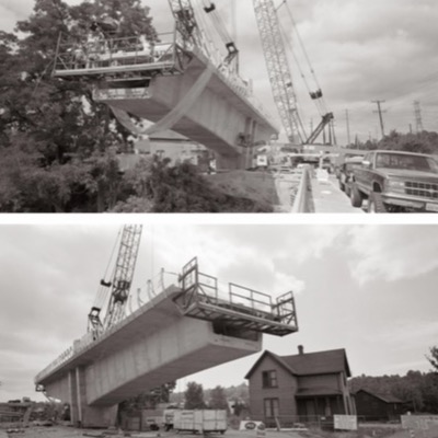 Diptych of a concrete guideway girder segment being placed by twin cranes above a residential street, a worker platform attached to its end, in one frame beside trees and in the other beside a Victorian house.
