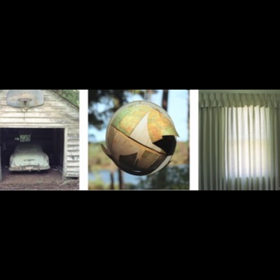 Three black-and-white photographs side by side: a rusted basketball hoop mounted above a garage sheltering a vintage sedan, a torn globe hanging outdoors against blurred trees, and pale green curtains lit from behind a window.