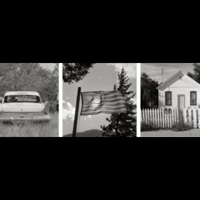 Three black-and-white photographs: the rear of an abandoned vintage car overtaken by grass and trees, a tattered American flag flying against pines and clouds, and a small white house with a picket fence and a "For Sale" sign.