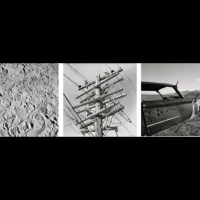 Three black-and-white photographs: overlapping footprints and tire tracks pressed into sand, a wooden power pole densely rigged with crossarms and wires against the sky, and a bullet-riddled car door abandoned in open desert.