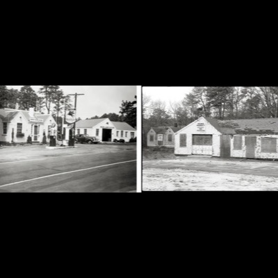 Diptych: an archival photograph of the "Indian Fueling Station" Mobilgas garage in its working heyday, a vintage car at the pumps, paired with a later black-and-white photograph of the same building boarded up and covered in "Private Property, No Trespassing" signs.