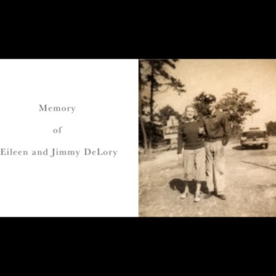 Closing dedication page reading "Memory of Eileen and Jimmy de Lory," beside a sepia-toned archival snapshot of a young couple standing arm in arm by a roadside Coca-Cola sign, a vintage car parked behind them.