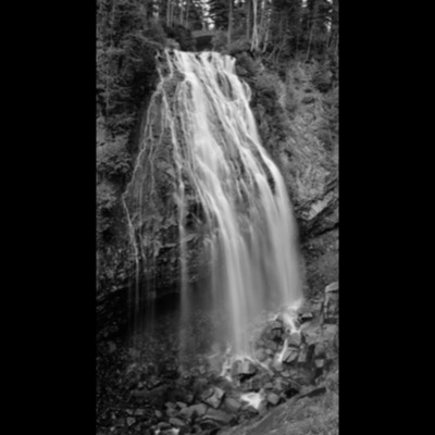 Black-and-white photograph of a two-tiered mountain waterfall framed by tall conifers, with a stone footbridge crossing above it.