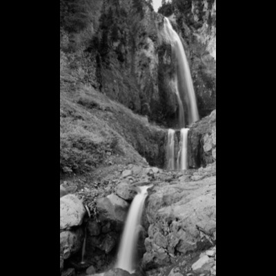 Black-and-white photograph of a tall forest waterfall dropping over a rock ledge into a second smaller cascade below, framed by conifers under a bridge.