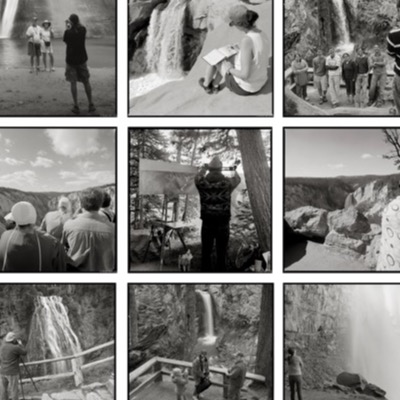 A grid of nine black-and-white photographs documenting visitors at various waterfalls -- tourists posing, an artist sketching, a group photographing from an overlook, a painter at an easel, and hikers viewing canyon falls.