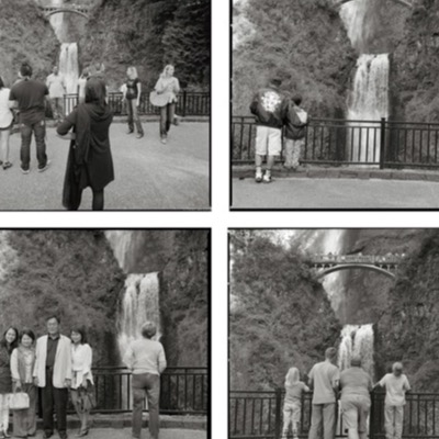 A grid of four black-and-white photographs of visitors at Multnomah Falls: groups posing and photographing near the railing beneath the arched bridge from different angles.
