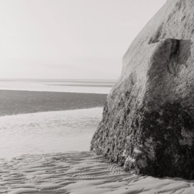 Black-and-white photograph, close-up, of a corner of the boulder’s barnacled crust catching the light, open water and flats beyond.